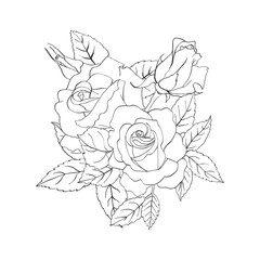 Hand drawn sketch of a bouquet of roses. Template flowers outline for coloring. Vector illustration.