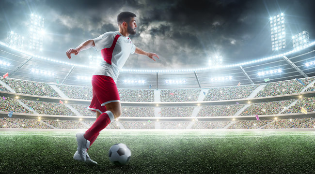 Professional soccer player in action. Ball in action on the night soccer stadium with fans and flags. 3d football background