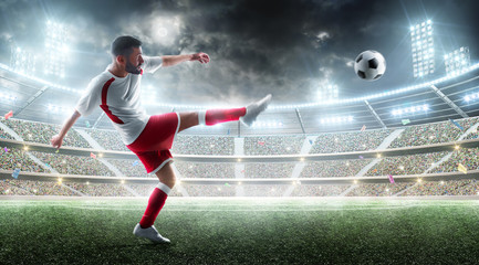 Sport. Professional soccer player kicking a ball. Night 3d stadium with fans and flags. Soccer...