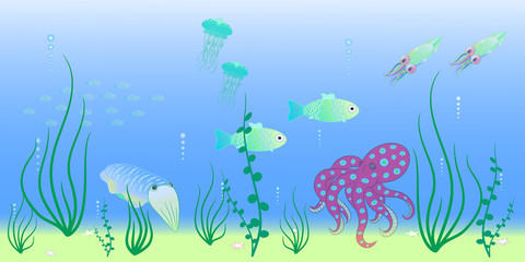 Naklejka na ściany i meble animals of the deep sea vector illustration 