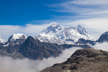 Obraz premium Mount Everest is highest mountain above sea level in Mahalangur Himal sub range of Himalaya.Everest base camps refers to South Base Camp in Nepal and North Base Camp in Tibet