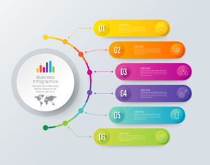 Timeline infographics design vector and business icons with 6 options.