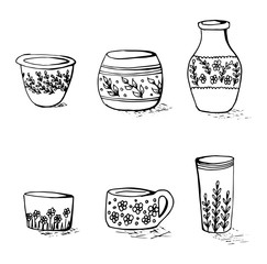 Set of flowers vases in doodle style. Vector sketch black and white design illustration.