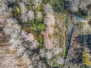 Aerial view of drone, artificial lake and dense forest on the banks