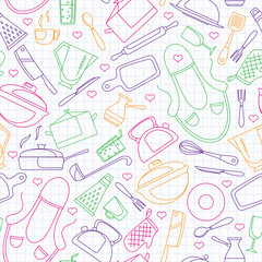 Seamless pattern on the theme of cooking and kitchen utensils, simple contour icons, painted with colored markers  on the clean writing-book sheet in a cage