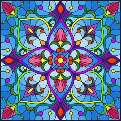 Foto op Plexiglas Marokkaanse tegels Illustratie in gebrandschilderd glasstijl met abstracte bloemenornamenten, bloemen, bladeren en krullen op blauwe achtergrond, vierkante afbeelding