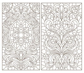 Set of contour stained glass illustrations with abstract symmetrical  floral patterns, dark contours on white background