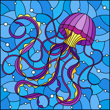 Illustration in stained glass style with abstract purple  jellyfish against a blue sea and bubbles, square image