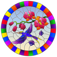 Illustration in stained glass style with a branch of pink  Orchid and bright Hummingbird on a sky background, round image in bright frame