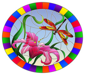 Illustration in stained glass style with bright dragonfly against the sky, foliage and flower of Lily, oval image in bright frame