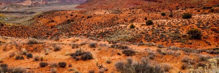 Arches National Park, Utah. Rolling red sandstone desert hills and scrubs