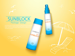 top view sunplock sun protection cream and spray realistic ads 3d cosmetic package with hand draw doodle element.