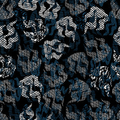 Seamless pattern illustration of abstract flames with mixed stripe, wave, spatter prints and 3d shapes. Smoky blue, white, black and navy vector illustration.