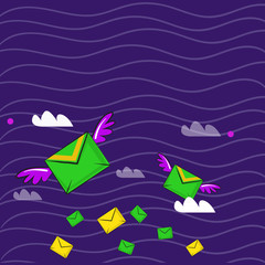 Many Colorful Airmail Flying Letter Envelopes and Two of Them with Wings Business concept Empty template copy space isolated Posters coupons promotional material