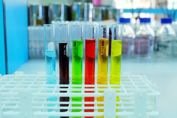 Chemical tube set development and pharmacy in laboratory  with multicolored substances in laboratory - Image