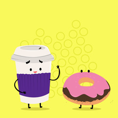 Carry Out Paper Cup with Lid and Sleeve Beside Doughnut with Frosting on Top Business concept Empty template copy space isolated Posters coupons promotional material