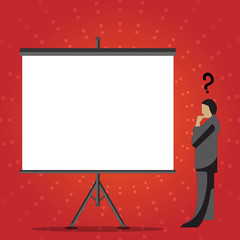 Businessman with Question Mark Above his Head Standing Beside Blank Screen Design business concept Empty copy text for Web banners promotional material mock up template