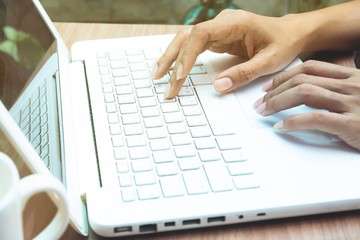 Fototapeta na wymiar Woman using laptop computer. Online marketing concept