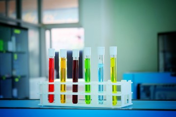 Chemical tube set development and pharmacy in laboratory  with multicolored substances in laboratory - Image