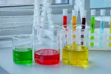 Chemical tube set development and pharmacy in laboratory  with multicolored substances in laboratory - Image