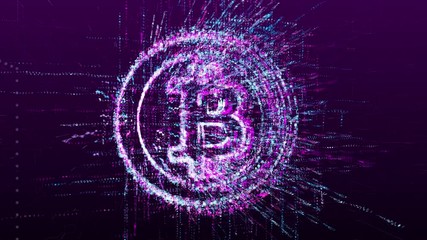 Animation of the bitcoin cryptocurrency sign. Consists of a stream of numbers and symbols in digital space. - Powered by Adobe