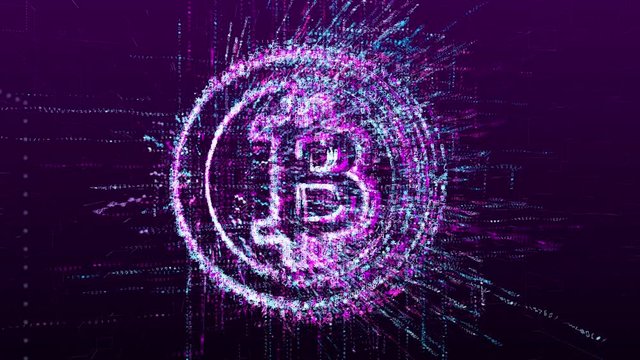 Animation of the bitcoin cryptocurrency sign. Consists of a stream of numbers and symbols in digital space.