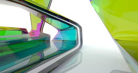 Abstract white and colored gradient glasses interior multilevel public space with window. 3D illustration and rendering.