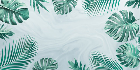 Group of tropical leaves on marble background.Copy space.Nature and summer concept