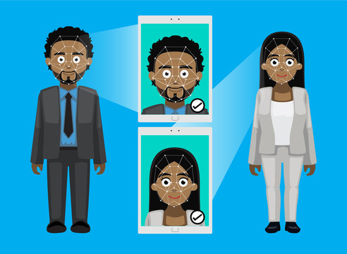 Face Recognition Black Businessman Technology People Cute Cartoon Set