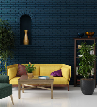 Colorful hipster living room with blue brick wall and yellow sofa, bohemian style, 3d render