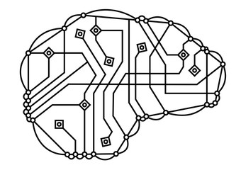 Digital brain, thin line icon. Memory symbol. Electronic circuit brain. Tech logo design. Vector Illustration.