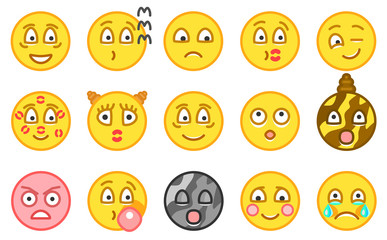 Emoji icons. Funny faces with different emotions. Isolated. Vector illustration.