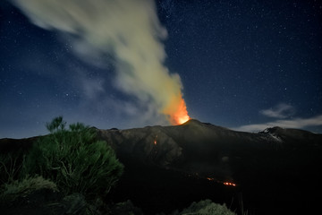 Fototapeta premium Smoke Volcano Etna Eruption At Night, Sicily