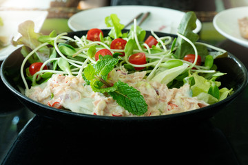 Tuna Salad with fresh mint and cherry tomato. Home made food. Concept for a tasty and healthy meal