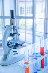Fototapeta premium Research equipment in Laboratory, test tube, microscope, laboratory room