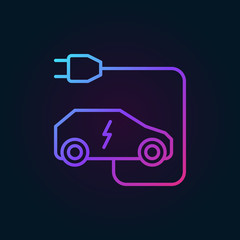 Electric car with plug vector colored icon or logo element in outline style on dark background