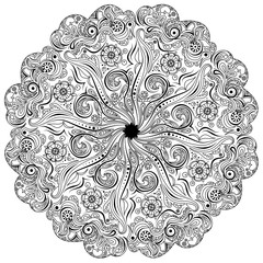 Vector black and white illustration for coloring. Coloring book anti-stress with the image of a circular pattern, onament, mandala. Art therapy.