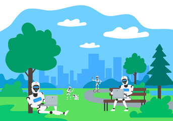 robotic city .robots humanoid with gadgets in the park