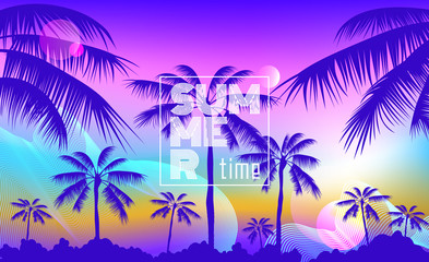 summer futuristic  banner design with palm trees on sunset background abstract wave lines