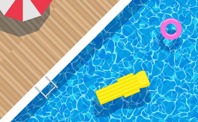 top view swimming pool .floating mattress ring umbrella on water surface vertical background diagonal composition