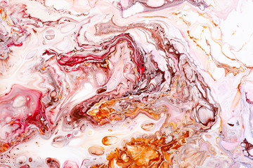 Hand painted backgrounds. Pink, white, brown and yellow mixed acrylic paints. Liquid marble texture. Applicable for printable, design packaging, cards, placard, covers, textile and decor interior