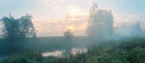 Foggy summer landscape with forest river