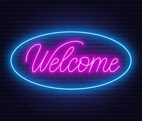 Neon sign welcome on brick wall background. Vector illustration