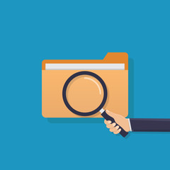 Search for file, business hand holding a magnifying glass, file, flat design vector illustration