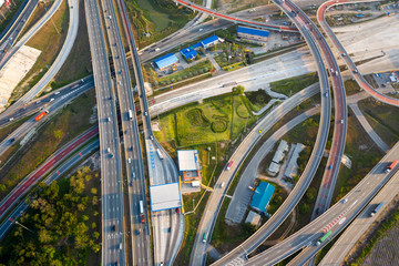 Aerial view and Top view. Traffic of expressways, motorways and highways