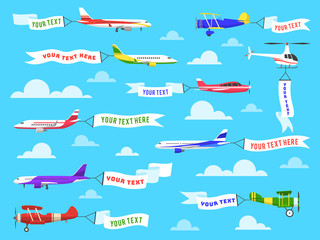Flying advertising banner. Sky planes banners airplane flight helicopter ribbon template text advertisement message set © YummyBuum