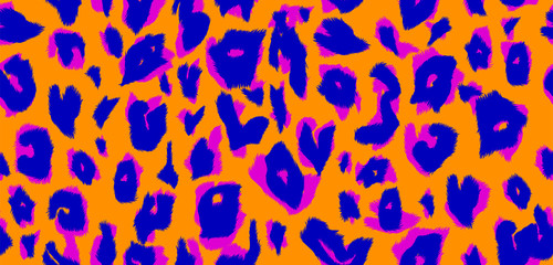 Vector seamless pattern of spotted leopard fur in neon bright color for design clothes and printing on paper. The texture of the furry spotted fur of an animal in the style of Sinthvave.