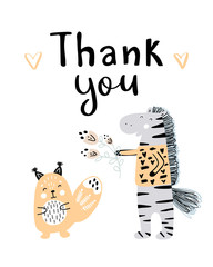 Thank you lettering- Cute hand drawn nursery poster with cartoon characters animals zebra and squirrel. In scandinavian style - 257144339