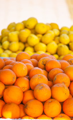 Fresh oranges and lemons close up.