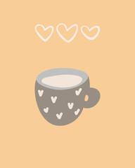 Hand drawn colored cocoa or hot chocolate drink in cup with hearts isolated on yellow background. - 257144358